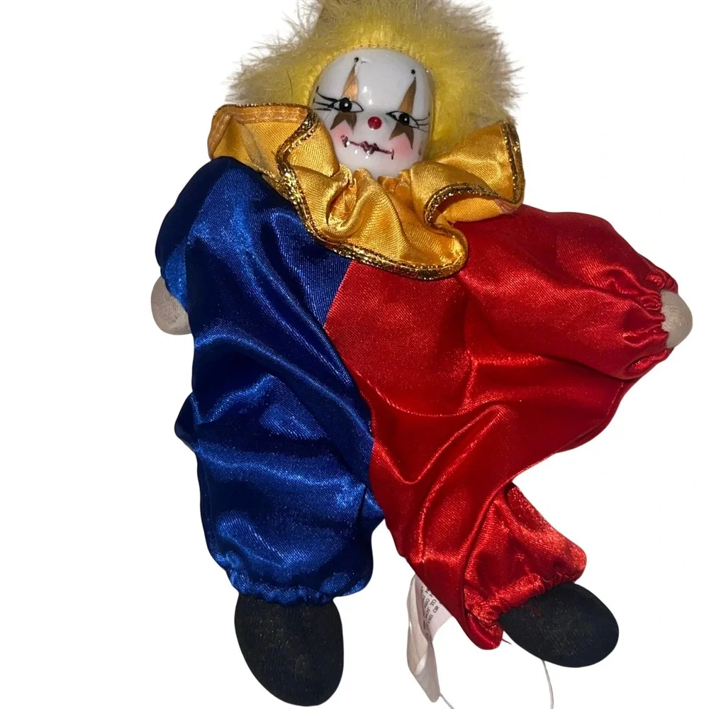 Vintage Artmark Chicago Ltd Porcelain Clown Doll Blue Red Satin Harlequin Decor